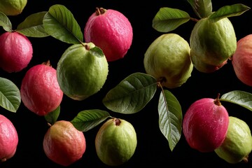 Wall Mural - Fresh guavas on a dark background showcasing vibrant colors and lush leaves in a tropical setting during daylight