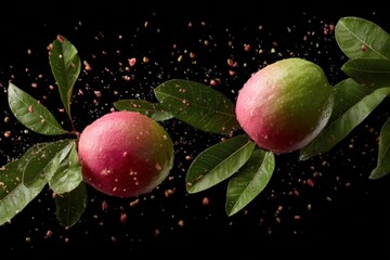 Wall Mural - Fresh mangoes splashing in water with green leaves at a dark background in a vibrant display of nature's bounty