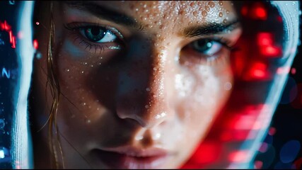 Poster - Intense close-up of a young woman trader wearing a hood, face illuminated by digital red financial charts