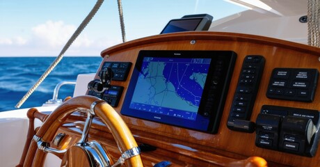 Yacht cockpit displays navigation system. Wooden paneling surrounds screen, steering wheel visible. Ocean backdrop provides scenic view.