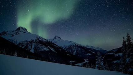 Snowy mountains under a starry sky with a green aurora