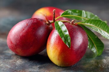 Wall Mural - Freshly harvested red mangoes with droplets of water resting on a textured background in a natural setting