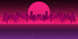 © antoniofrancois - Retro 80s styled futuristic landscape with purple neon sun or moon in digital space and shiny grid for party poster, flyer or mix cover