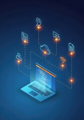 Isometric laptop with interconnected digital data icons for future innovation