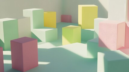 Wall Mural - Pastel Color Block Abstract 3D Render Cubes Background