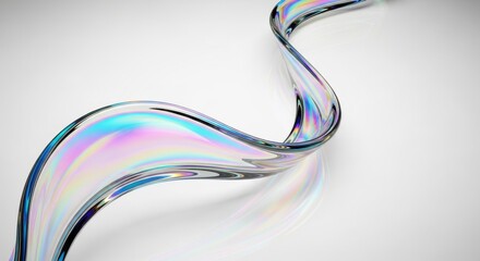 Poster - Fluid iridescent ribbon on a smooth white surface, flowing in an abstract manner