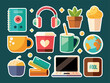 © Pixel Verses - Illustration of everyday objects like a laptop coffee cups headphones and books on a dark background
