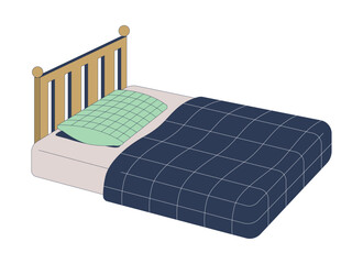Poster - Neatly made single bed with wooden headboard 2D cartoon object. Bedroom furniture with cozy bedding. Soft mattress checkered blanket isolated element flat vector clip art on white. Spot illustration