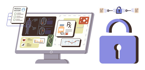 Poster - Computer screen displays medical data thumbs up patient history, prescriptions, and diagnostics. Lock and encryption elements represent data privacy. Ideal for healthcare, IT security, data