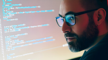 Focused software developer analyzing code, modern technology, innovation, data analysis, cybersecurity, coding, programming, online work, digital world