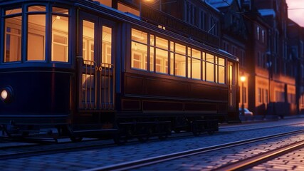 Wall Mural - vintage streetcar illuminated at sunset, gliding along cobblestone tracks in a historic urban settin
