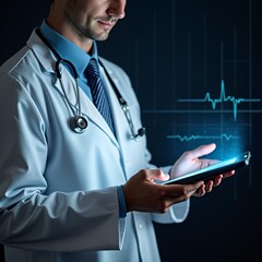 Doctor using a digital tablet with an EKG display in the background