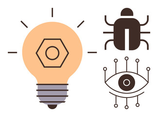 Poster - Lightbulb with gear symbol, bug shape symbolizing cybersecurity issues, and digital eye for data and surveillance. Ideal for technology, innovation, data science, AI, monitoring, hacking