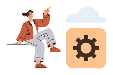 Poster - Casual woman sitting and pointing at a cloud with a gear, suggesting cloud storage, technology, or automation concepts. Ideal for software, innovation, data, business teamwork and education. Simple