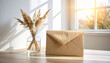 © ThabakStudio - A Delicate Greeting: An elegant composition featuring a rustic paper envelope next to a glass vase with dried floral arrangement, bathed in soft sunlight.