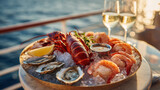 Seafood platter with lobster shrimp oysters and lemon slices on ice