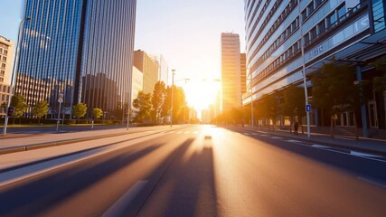 Wall Mural - sunrise illuminating a city street with skyscrapers, creating a vibrant urban atmosphere