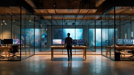 A modern startup tech office with a solitary man at a standing desk. The clean look is achieved with large monitors, expansive futuristic glass walls, and soft ambient lighting creating a calm mood.