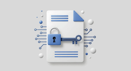 Conceptual 3D illustration showing a document secured with a lock and key, representing data protection.