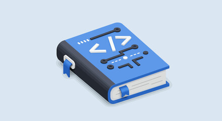 a blue book representing coding, featuring angle brackets and circuit board design.