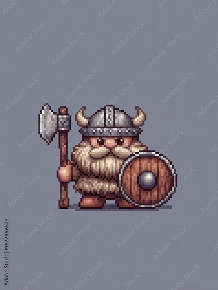 A pixel art viking stands confidently, wielding an axe and a wooden shield. Clad in a horned helmet with a thick beard, the character exudes a classic warrior vibe. The background is a soft gray.