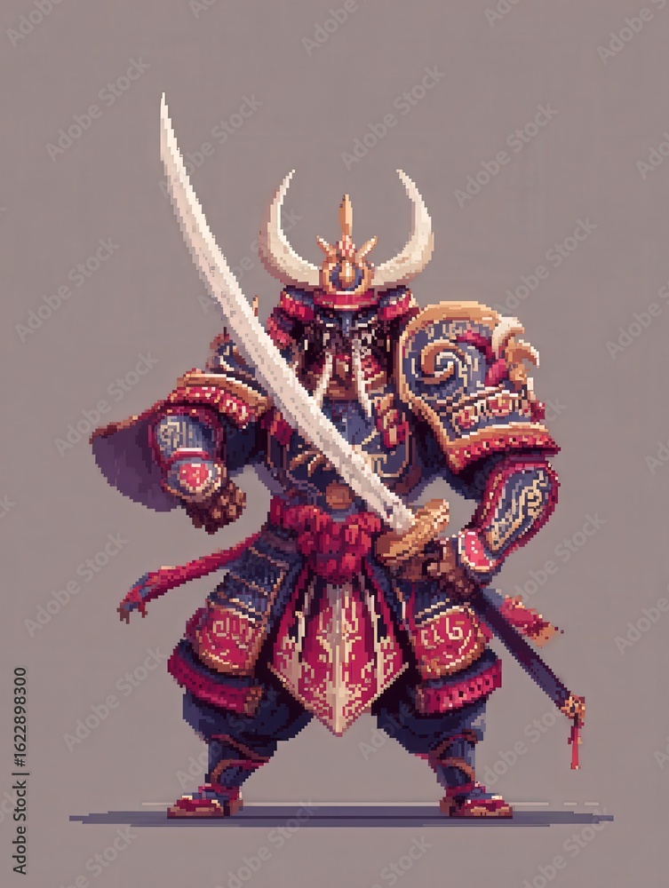 A formidable samurai warrior poses confidently with a large, ornate sword. Dressed in colorful traditional armor, the samurai showcases intricate designs and a menacing expression, ready for combat.