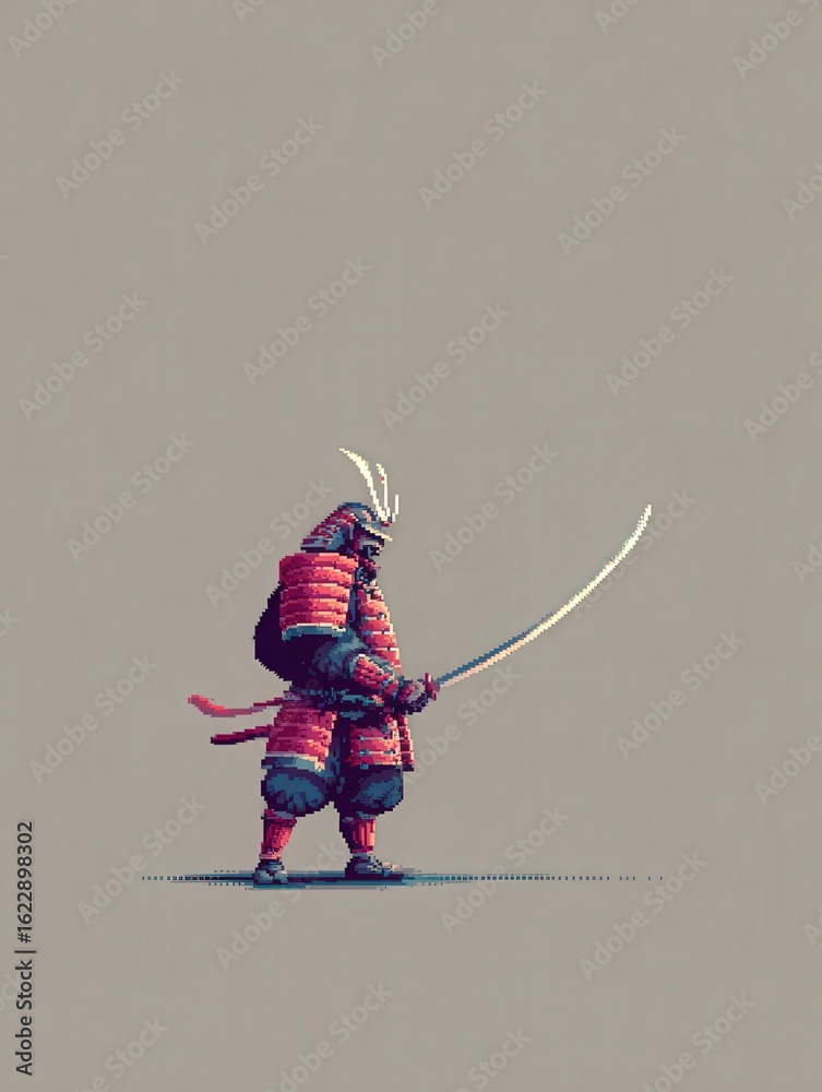 A warrior stands confidently, dressed in ornate red and blue armor, holding a katana sword with a poised stance. The background is a simple, neutral color, emphasizing the warriors details.