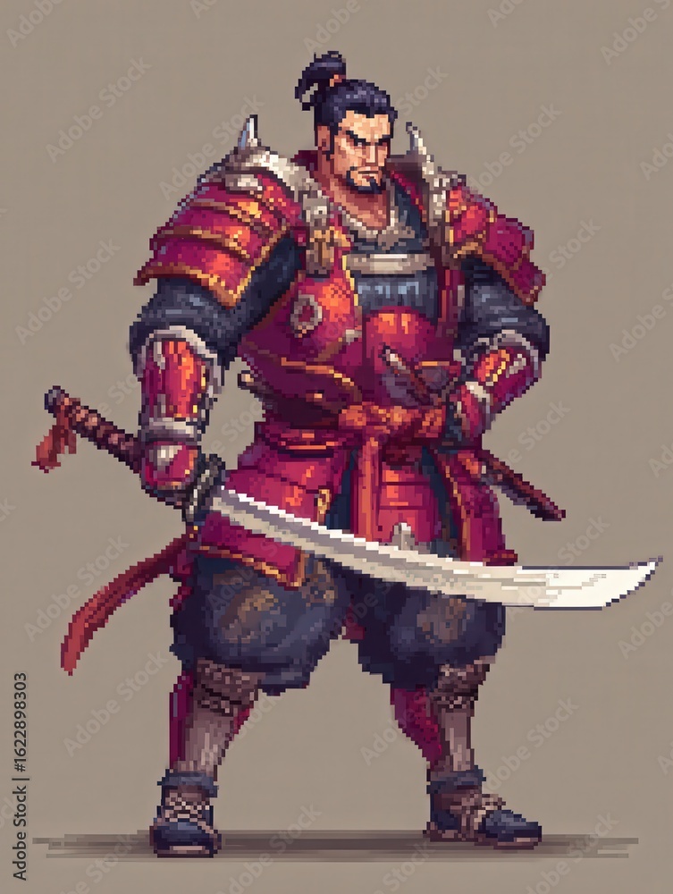 A fierce warrior stands proudly, adorned in detailed red armor decorated with golden accents. He grips a katana firmly, embodying strength and readiness for battle.