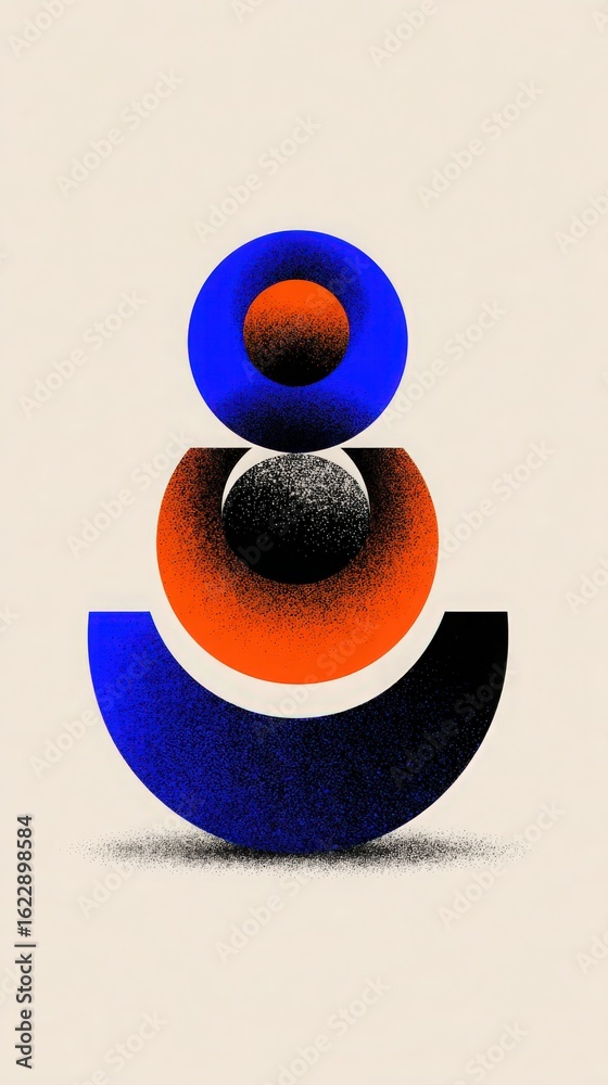 This artwork showcases a vibrant composition of geometric shapes, including circles and arches, in striking colors. The arrangement blends hues of blue, orange, and black, creating visual interest.