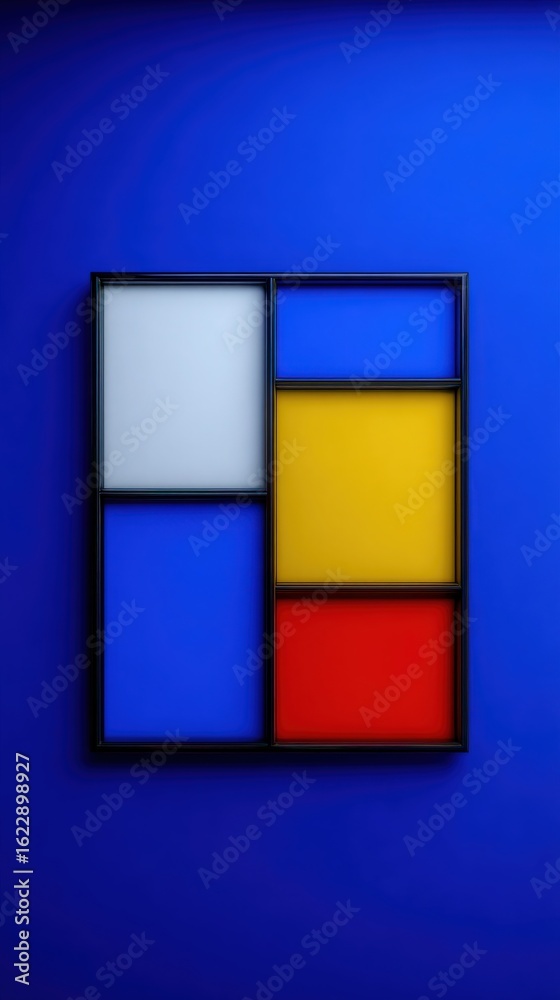A visually striking composition features a series of rectangles in primary colors, including red, yellow, blue, and white, arranged against a bold blue backdrop, emphasizing modern artistic style.