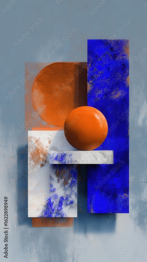 This artwork showcases a striking arrangement of geometric shapes, including rectangles and a circle, in bold colors such as orange, blue, and white, set against a soft, textured background.