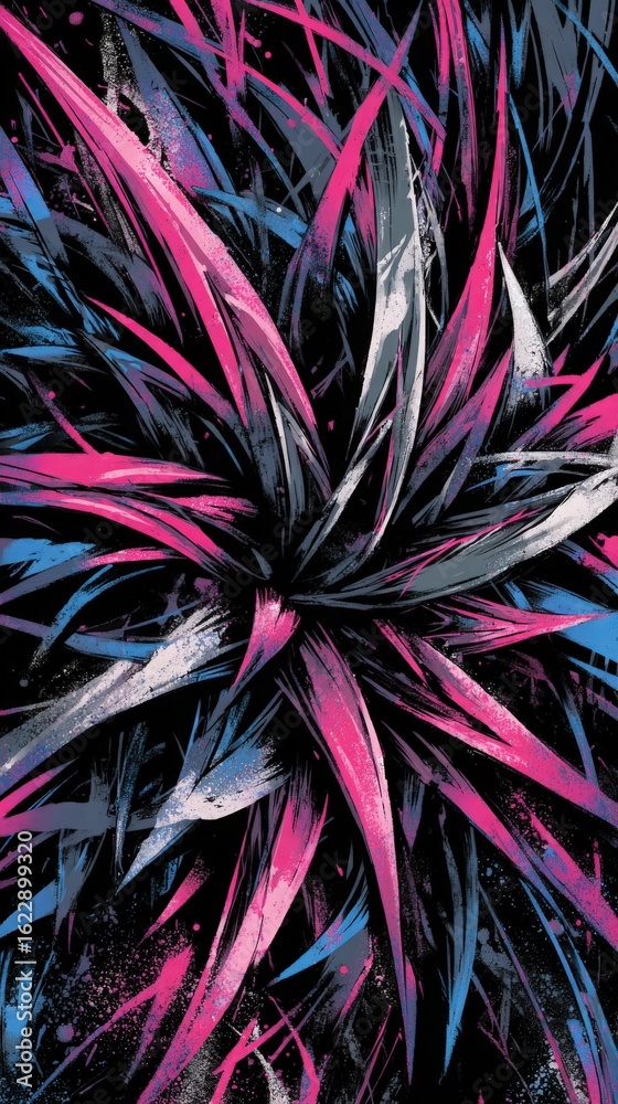 The artwork presents a captivating arrangement of sharp, flowing brush strokes in pink, blue, and white. The striking colors contrast against a dark backdrop, creating energy and movement.