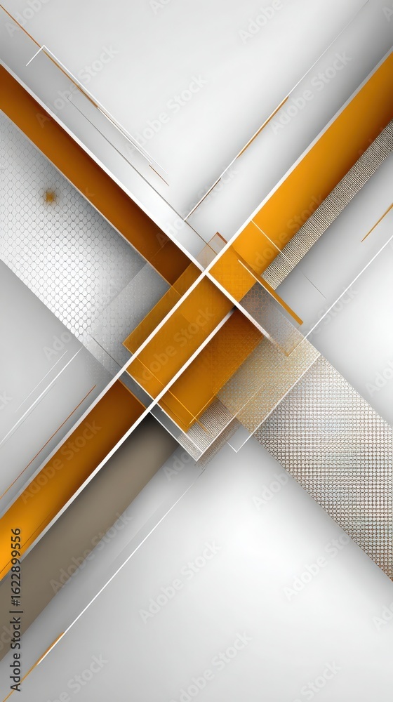 This artwork showcases a modern abstract design with bold intersecting lines and geometric shapes in warm tones of orange, gray, and white. The composition creates a striking visual impact.