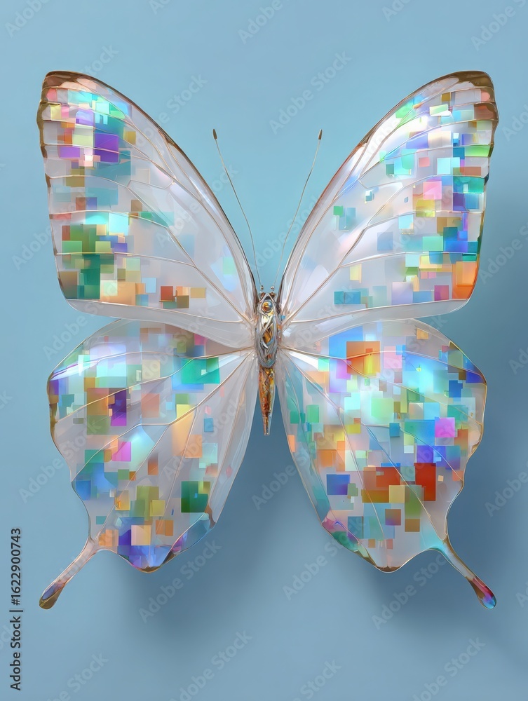 A beautifully crafted butterfly displays an array of colors and geometric patterns.