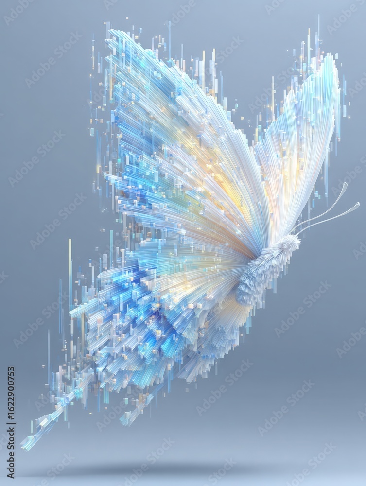 A stunning digital representation of a butterfly with vibrant blue and white hues, surrounded by a dynamic background of abstract shapes and textures, creating a captivating effect.