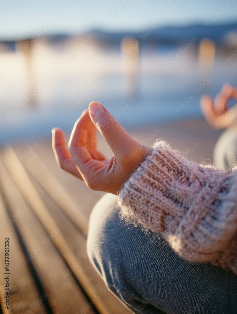 A serene moment of meditation captured early in the morning by the lakeside. The sun rises, illuminating peaceful water and a cozy hand gesture suggesting tranquility and mindfulness.