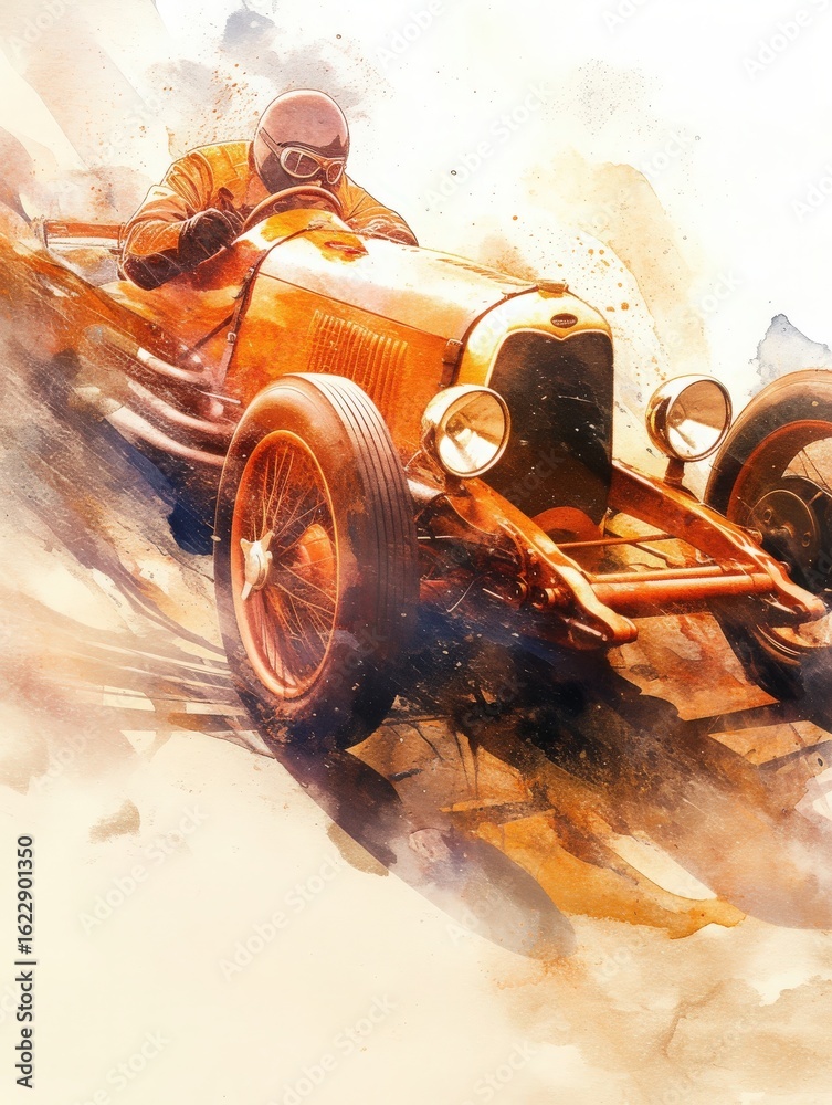 A classic racing car, with a driver wearing a helmet and goggles, speeds along a dusty racetrack. The action captures the thrill of a vintage motorsport event, highlighting the excitement of racing.