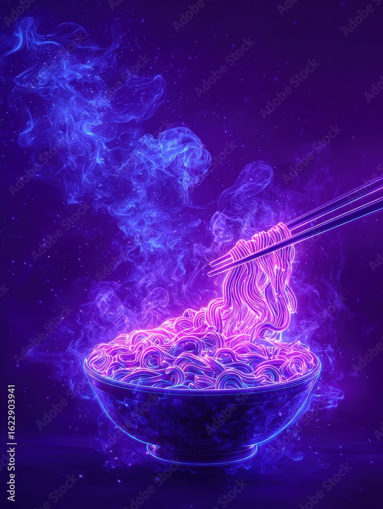 A bowl of glowing noodles is carefully lifted with chopsticks, surrounded by colorful purple and blue steam. The vibrant colors create a captivating, modern atmosphere.
