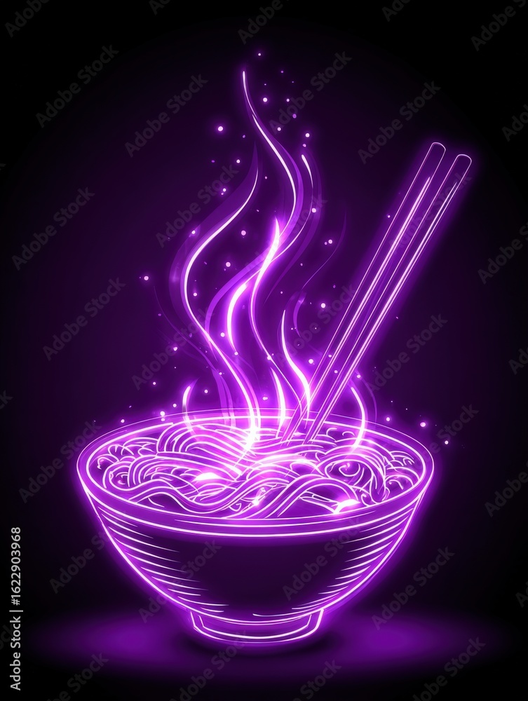 A glowing purple bowl filled with steaming noodles is showcased against a dark backdrop. Wisps of steam rise from the bowl, creating an inviting atmosphere for food enthusiasts.
