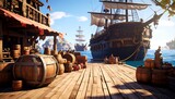 Pirate harbor scene with wooden dock and ships