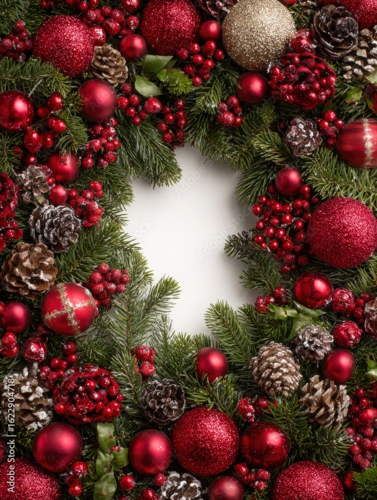 A decorative wreath adorned with vibrant red ornaments, pinecones, and green foliage creates a festive atmosphere perfect for holiday celebrations and winter festivities.