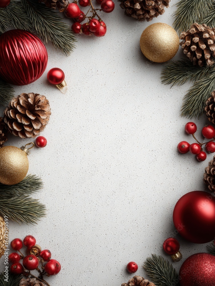 A decorative arrangement featuring red and gold ornaments, pinecones, and berries is set against a light background. This festive display evokes a cheerful holiday spirit suitable for celebrations.