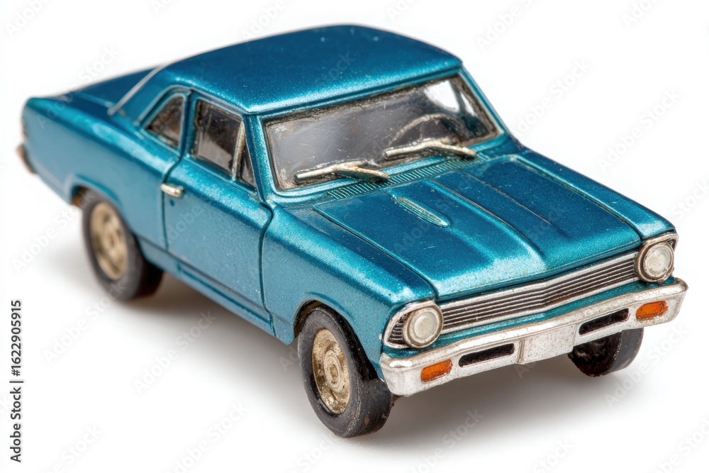 A vibrant blue vintage metal toy car is showcased on a white background. The car features detailed design elements, including intricate wheels and windows, capturing nostalgia and craftsmanship.