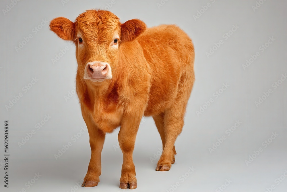A small, fluffy orange calf stands confidently on a light gray background. Its big, expressive eyes and soft fur create an adorable and engaging presence, perfect for animal lovers.