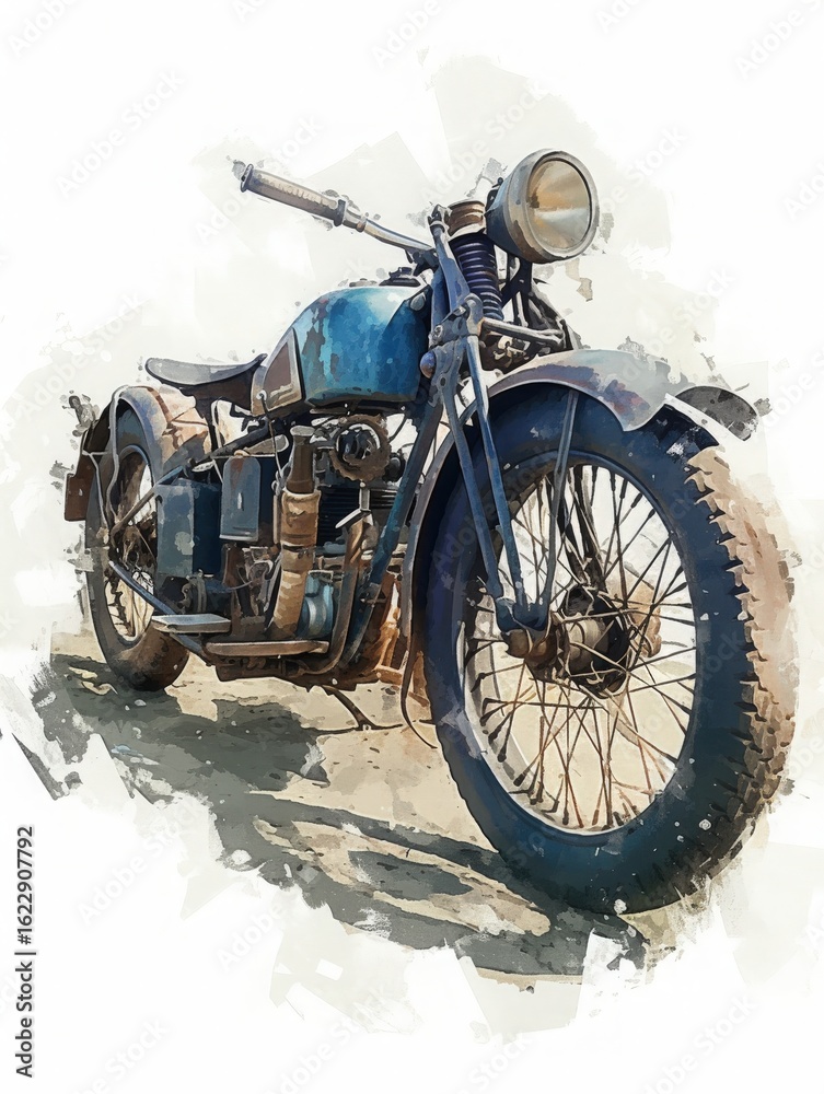 A classic vintage motorcycle with a blue body parked on a dusty road. The vehicle features a unique design with noticeable wear and tear, showcasing its age and character.