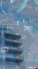 Poster - Animation of graphs, loading circles and trading board over modern buildings against cloudy sky
