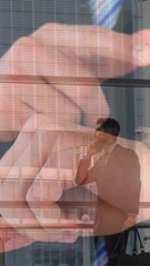 Poster - Animation of caucasian businessman using smartphone over caucasian man with watch