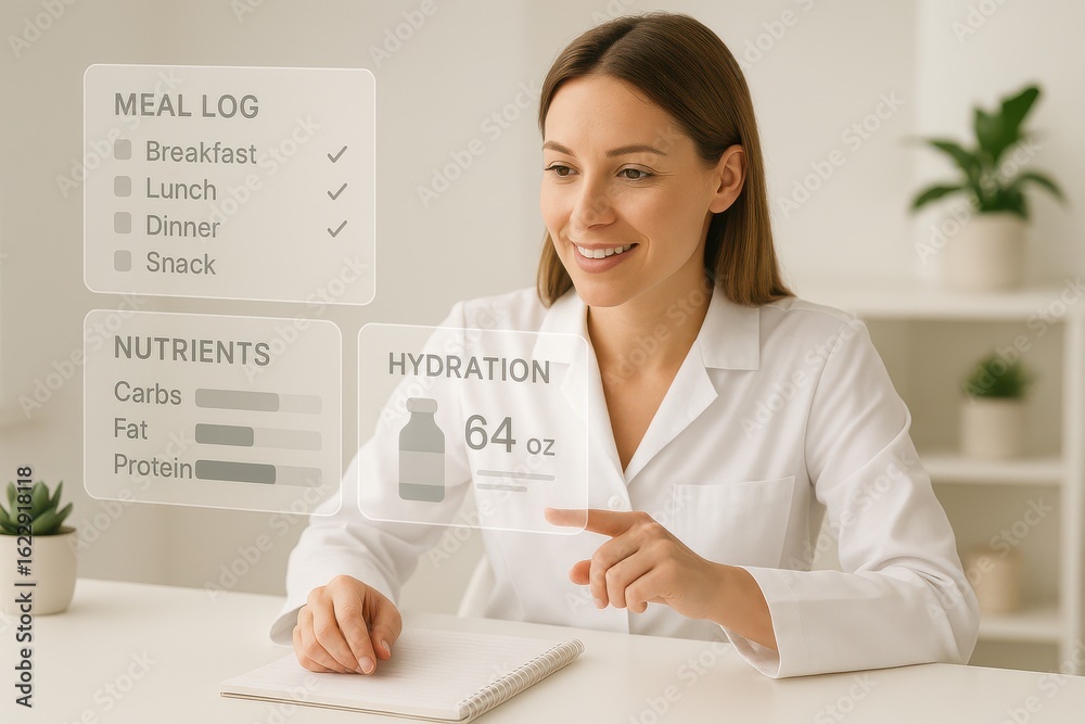 Smiling Intake Smiling nutritionist tracking meal log, hydration, and nutrient intake ...