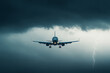 © A2Z AI  - Aircraft faces stormy skies, illuminated by lightning. A thrilling flight under challenging conditions. Aviation in severe weather, turbulence and sky