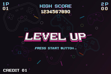 Wall Mural - LEVEL UP. pixel art .8-bit game. Retro Futurism Sci-Fi Background. glowing neon grid. and stars from vintage arcade computer games